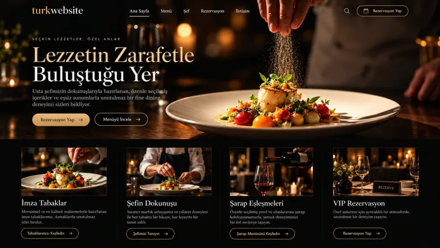 Zarafetle buluşan fine dining deneyimini yansıtan lüks, şık ve profesyonel restoran web sitesi tasarımı