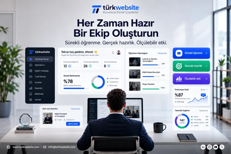 TürkWebsite kurumsal eğitim yönetim sistemi, çalışan eğitimleri, çevrim içi kurslar, öğrenme ilerlemesi ve performans takip paneli