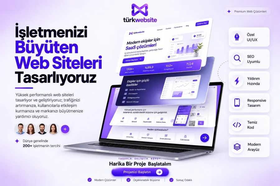 TürkWebsite işletmelere özel web tasarım hizmeti, modern kullanıcı arayüzü, SEO uyumlu kurumsal site ve çok katmanlı web tasarım örneği