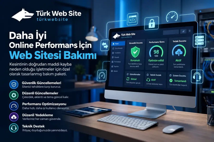 TürkWebsite web sitesi bakım ve teknik destek hizmeti, güvenlik izleme, performans optimizasyonu, hata düzeltme ve site sağlık kontrol paneli