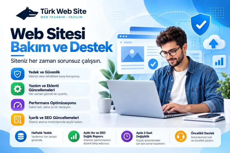 TürkWebsite profesyonel web sitesi bakım hizmetleri, güvenlik durumu, yazılım güncellemeleri, performans analizi ve teknik destek yönetim ekranı