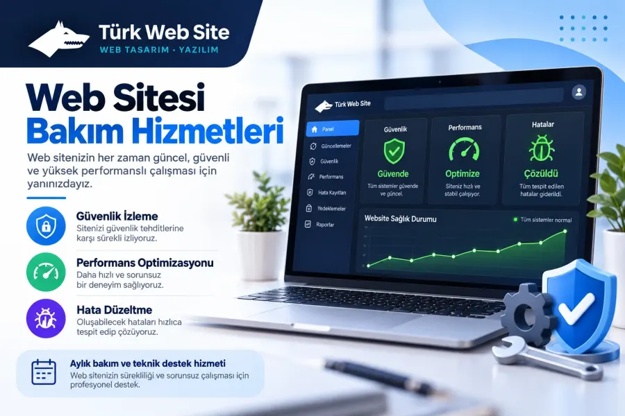 TürkWebsite aylık web sitesi bakım paketi, 7/24 kesinti takibi, düzenli yedekleme, güvenlik kontrolleri ve öncelikli teknik destek