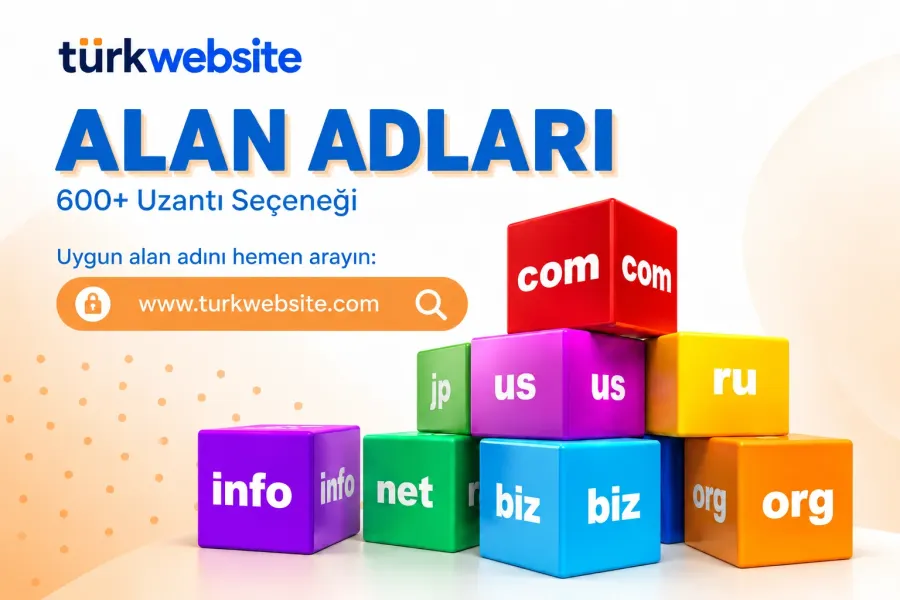 TürkWebsite alan adı tescili ve domain sorgulama, .com, .org, .net ve diğer uzantılar arasından alan adı seçimini gösteren dijital ekran