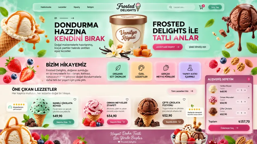 Dondurma ve tatlı markası için renkli premium özel tasarım e-ticaret sitesi
