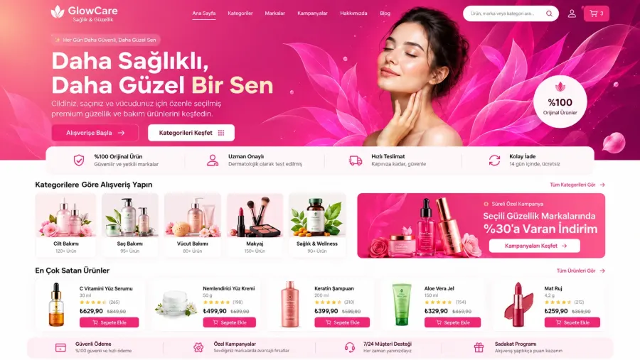 Güzellik ve bakım ürünleri için premium özel tasarım web sitesi