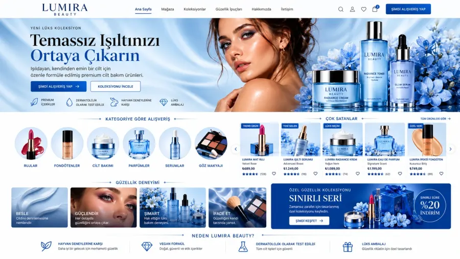 Kozmetik ürünleri için lüks ve profesyonel özel tasarım e-ticaret sitesi