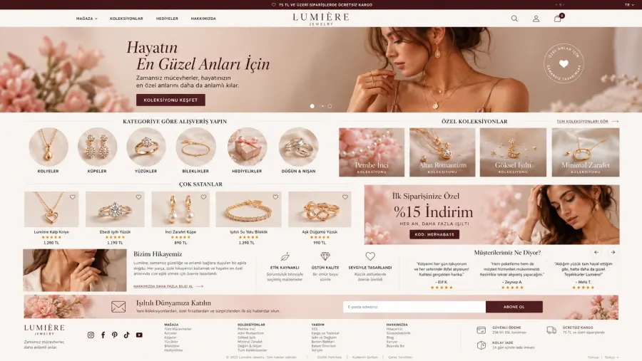 Mücevher ve takı markası için zarif premium özel tasarım e-ticaret web sitesi