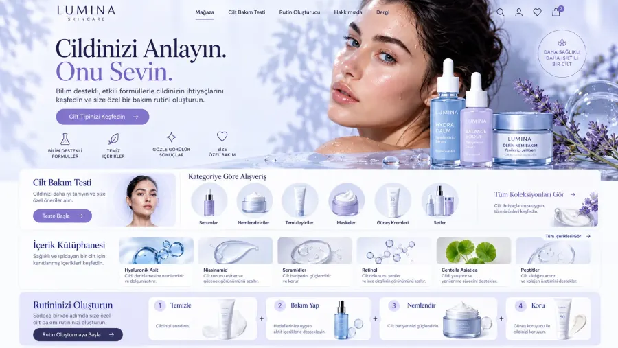 Skincare ve kozmetik markaları için premium özel tasarım web sitesi