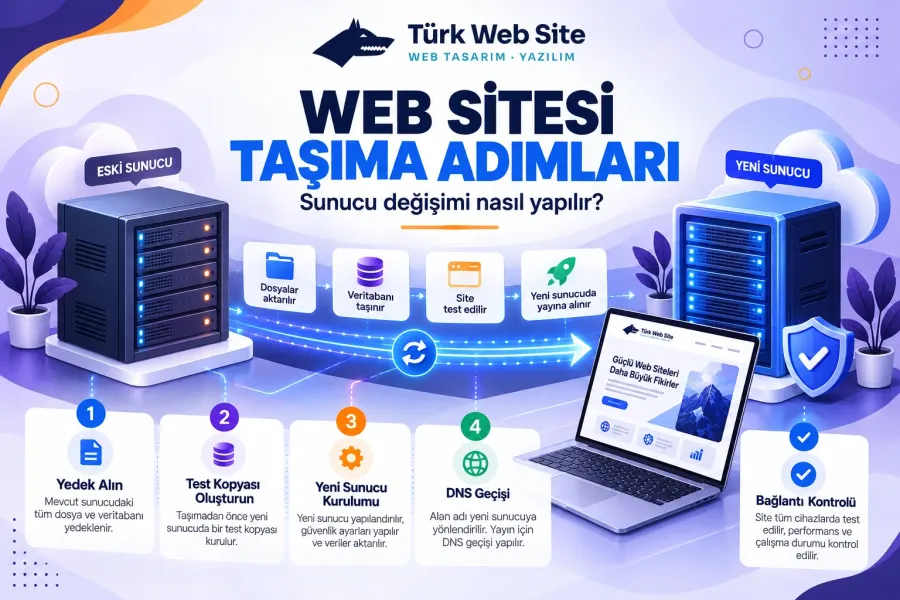 TürkWebsite kesintisiz web sitesi taşıma, eski ve yeni sunucu arasında dosya aktarımı, veri yedekleme ve güvenli hosting değişikliği