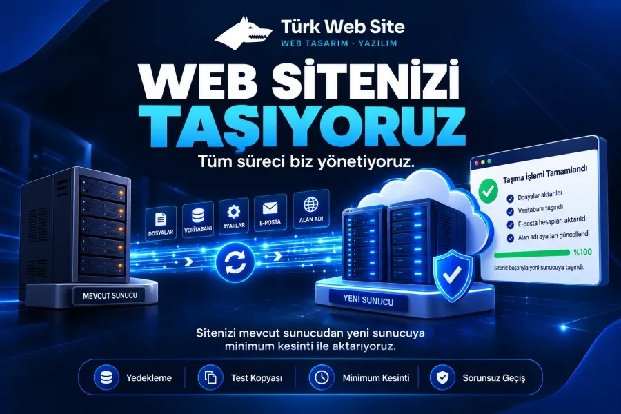 TürkWebsite web sitesi taşıma adımları, dosya ve veritabanı yedekleme, test ortamı oluşturma, yeni sunucu kurulumu ve DNS geçişi