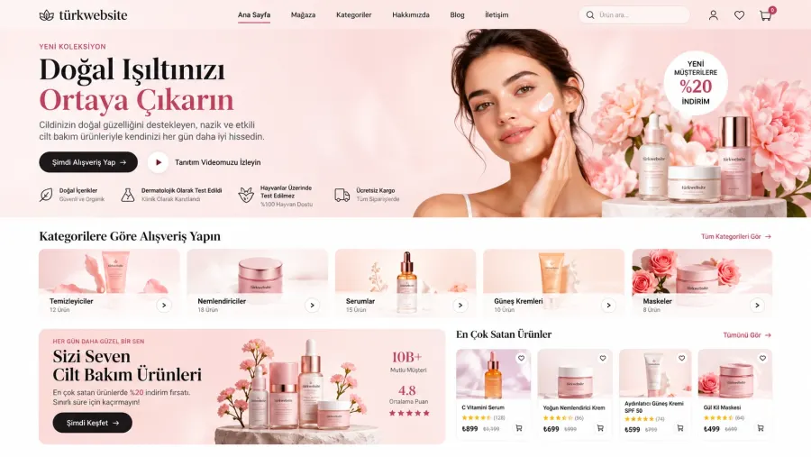 Türkwebsite cilt bakım ve kozmetik ürünleri için modern e-ticaret web sitesi tasarımı