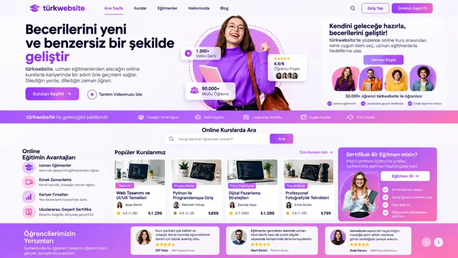 Türkwebsite online eğitim ve kurs platformu için profesyonel web sitesi tasarımı