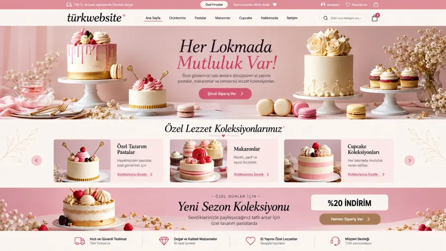 Türkwebsite pastane ve butik pasta işletmeleri için modern e-ticaret web sitesi tasarımı