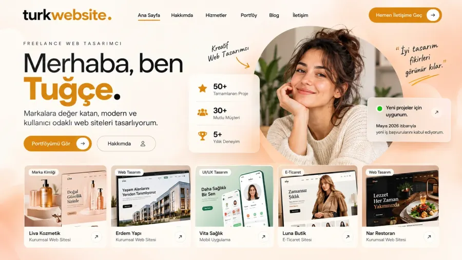 Freelance web tasarımcı için portföy ve kişisel web sitesi – Türkwebsite Tuğçe tasarım örneği
