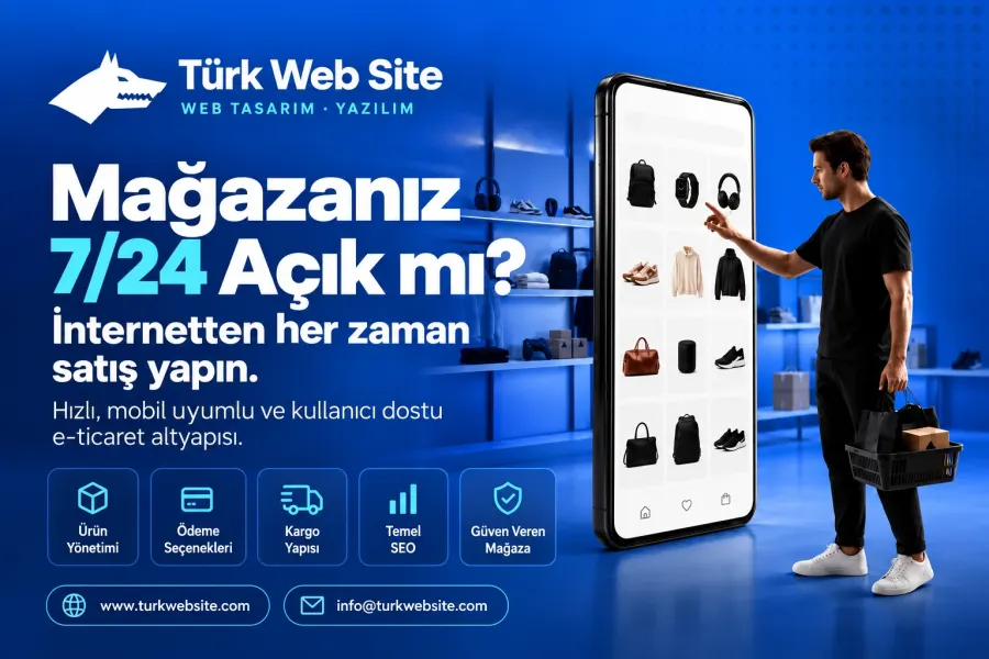 TürkWebsite 7/24 açık e-ticaret sitesi tasarımı, mobil alışveriş ekranı, ürün kategorileri, ödeme seçenekleri ve kargo yönetimi
