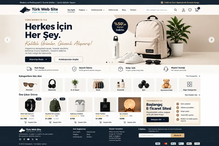 TürkWebsite modern e-ticaret sitesi örneği, ürün kategorileri, alışveriş sepeti, kampanya alanları ve kullanıcı dostu online mağaza tasarımı