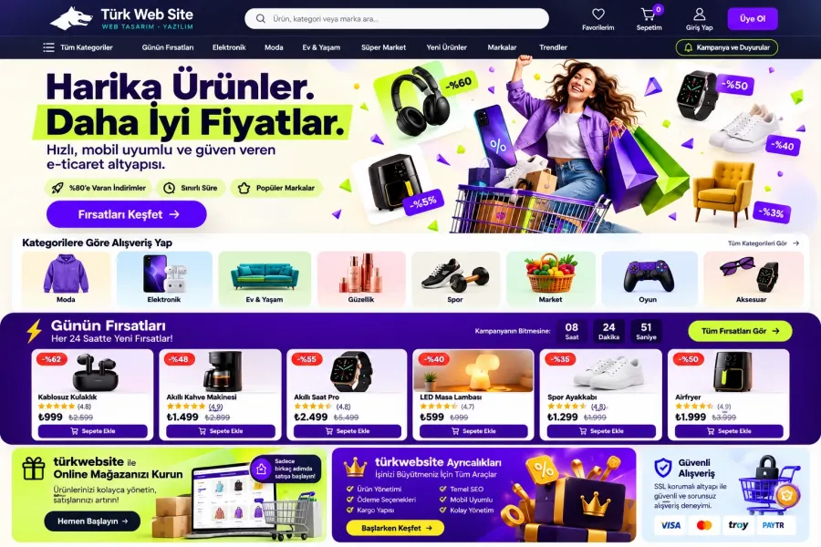 TürkWebsite kozmetik e-ticaret sitesi tasarımı, cilt bakım ürünleri, kategori filtreleri ve mobil uyumlu online alışveriş arayüzü
