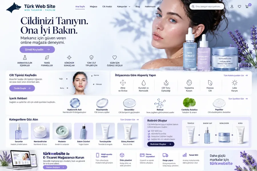 TürkWebsite indirimli ürünler, günlük alışveriş fırsatları, kategori yönetimi ve kampanya alanları içeren modern e-ticaret sitesi tasarımı