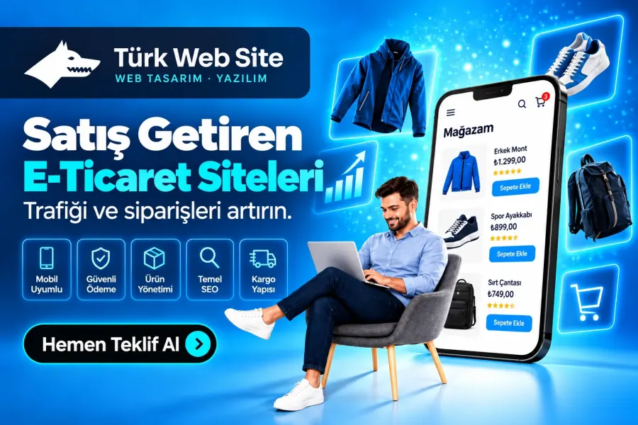 TürkWebsite satış odaklı e-ticaret sitesi tasarımı, mobil ürün kataloğu, alışveriş sepeti, güvenli ödeme ve kullanıcı dostu mağaza arayüzü