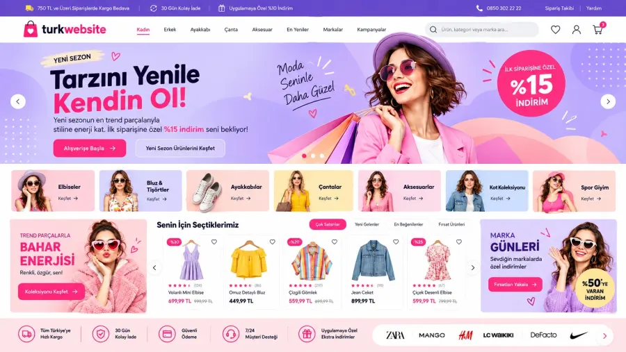 Profesyonel e-ticaret sitesi için ürün kartları ve indirim alanları bulunan alışveriş tasarımı